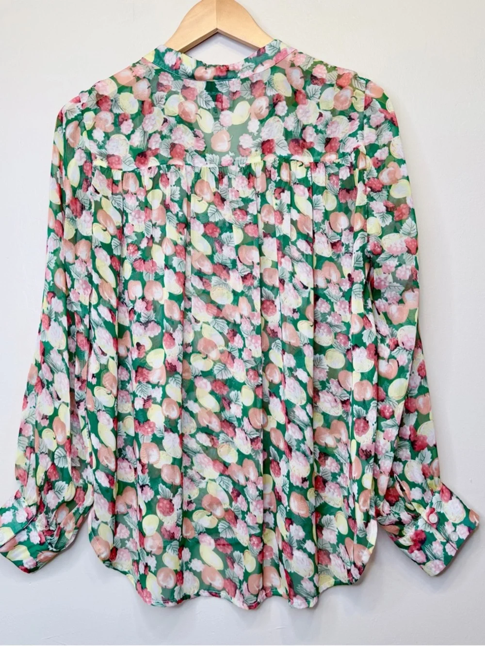 I.Madeline Sheer Fruit Pattern Button Front Long Sleeve Relaxed Oversized Blouse - Picture 4 of 14